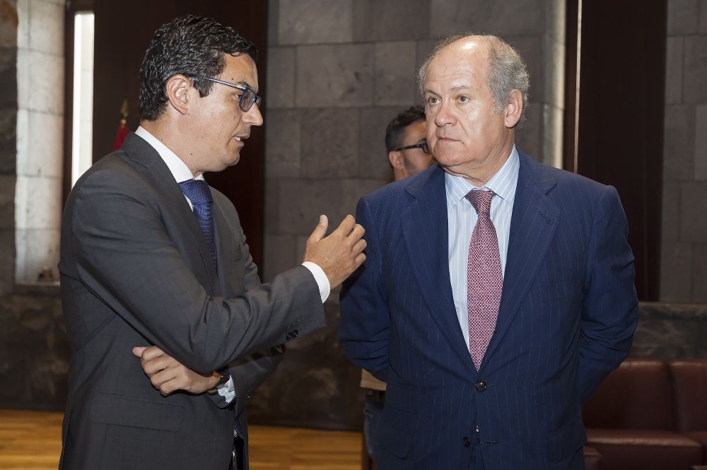 El vicepresidente y consejero de Obras Públicas y Transportes del Gobierno de Canarias, Pablo Rodríguez (i), conversa con el presidente de la compañía aérea Binter.