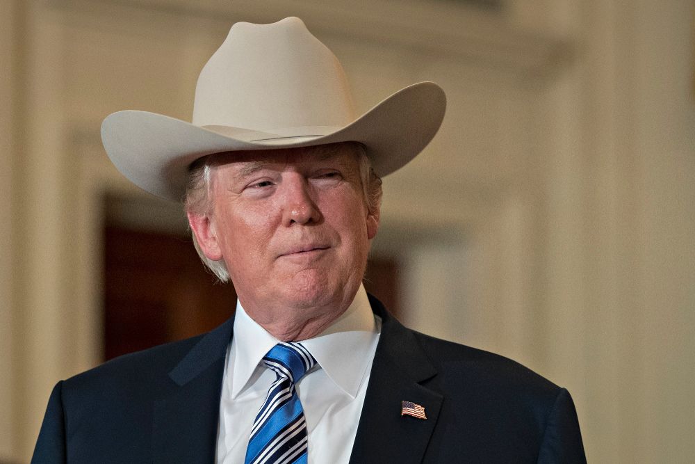 El presidente Donald Trump se prueba un sombrero de vaquero Stetson, mientras participa en la presentación de productos "Made in America" en la Casa Blanca".