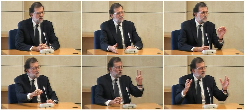 Imágenes capturadas de la señal de vídeo institucional que muestran al presidente del Gobierno, Mariano Rajoy, durante su declaración.