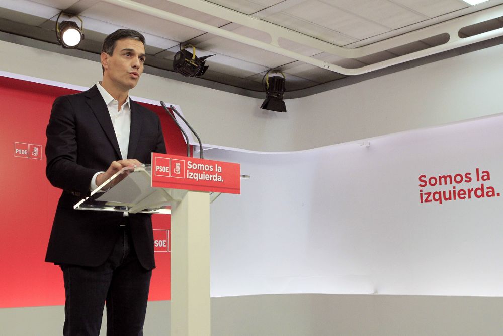 El secretario general del PSOE, Pedro Sánchez, durante la rueda de prensa que ofreció tras la declaración de Mariano Rajoy.