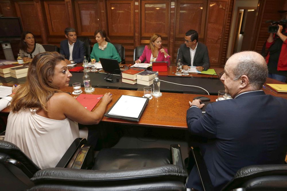 Los consejeros del Gobierno de Canarias de Economía, Pedro Ortega (d), y de Empleo, Cristina Valido (i), conversan.