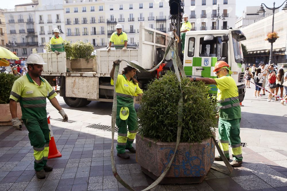 Operarios del Ayuntamiento de Madrid colocan jardineras en la céntrica calle de Montera, al día siguiente de los atentados en Barcelona y Cambrils.