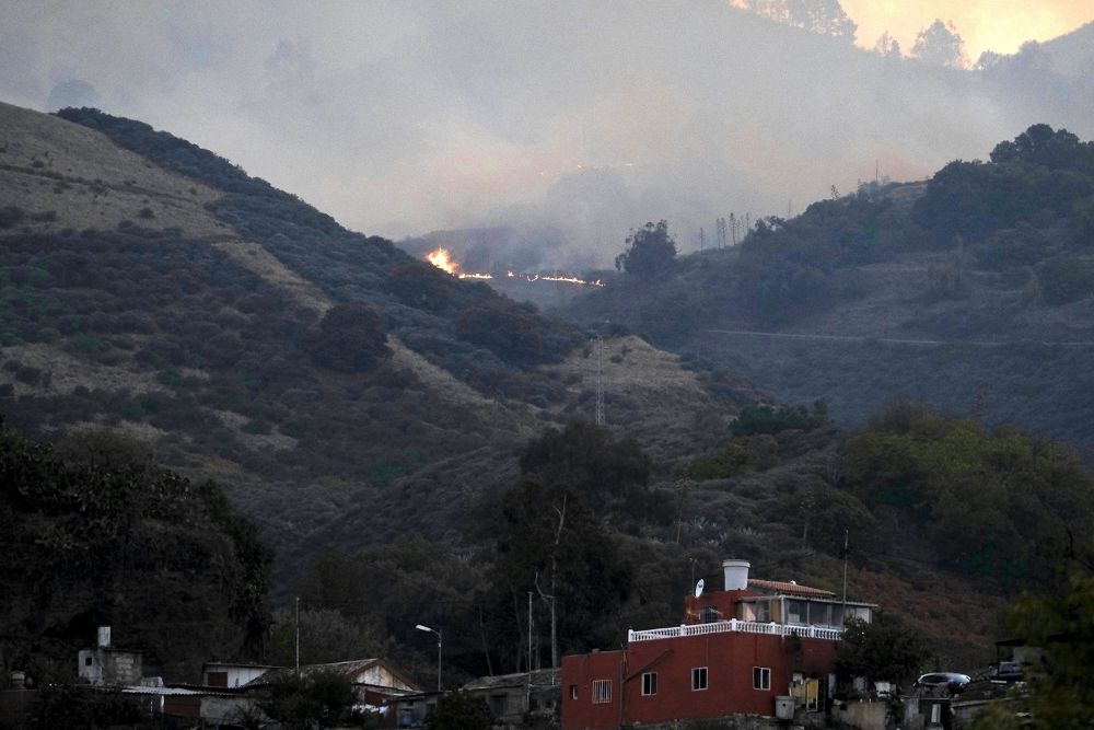Llamas en la cumbre de Gran Canaria, del incendio forestal declarado esta tarde en el entorno de la rotonda de acceso a la población de Tejeda que ya ha quemado unas 1.000 hectáreas.