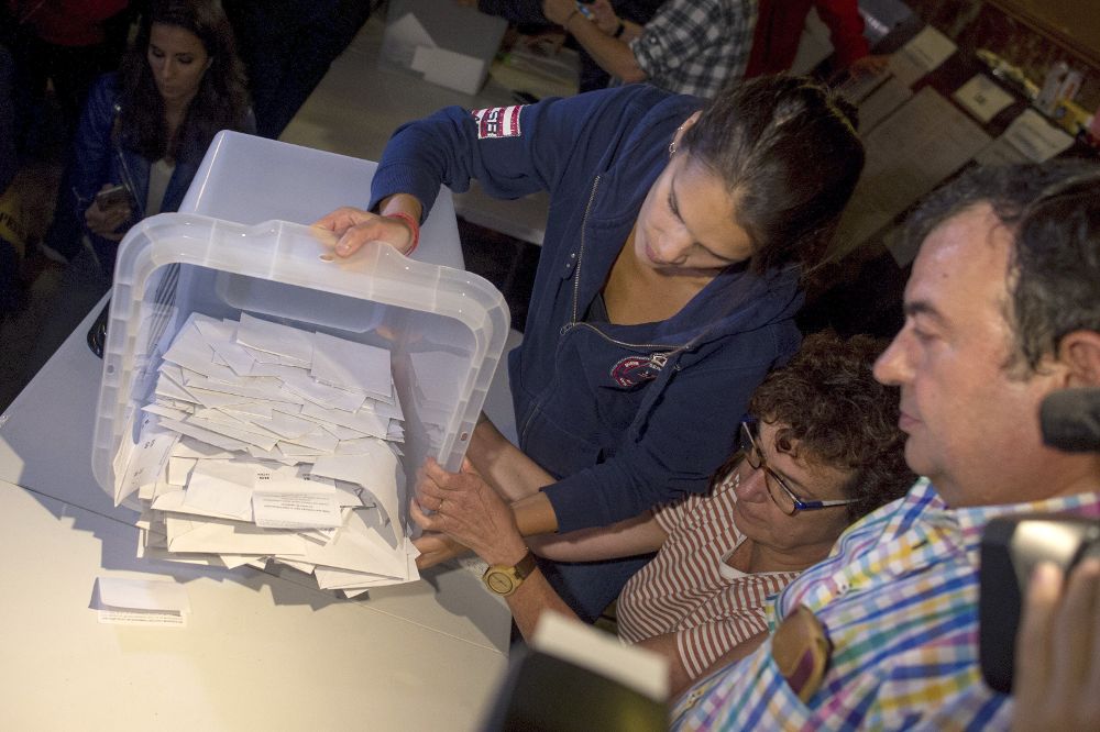 Recuento de papeletas en el colegio electoral de la Escola Industrial de Barcelona a la finalización de la jornada del 1 de octubre.