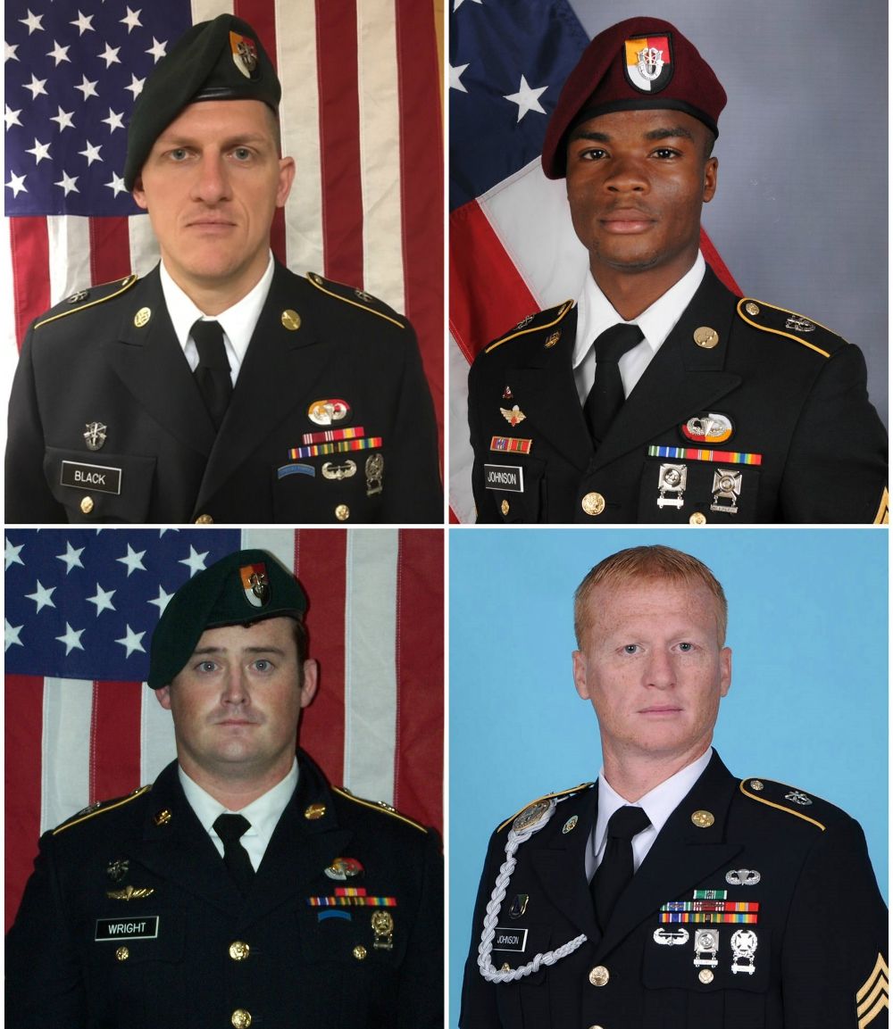 Los sargentos, Bryan C. Black (arriba,i), de 35 años, David T. Johnson (arriba-d), de 25 años, Dustin M. Wright (abajo-i), de 29 años, y Jeremiah W. Johnson, de 39 años, de Estados Unidos. Los cuatro murieron en una emboscada en Níger el 4 de octubre.