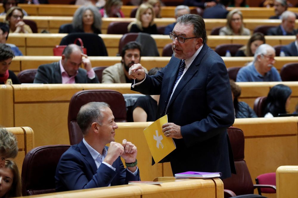 El portavoz socialista en el Senado, Ander Gil (i), y el del PDeCAT, Josep Lluis Cleries (d), durante el pleno extraordinario del pasado viernes.