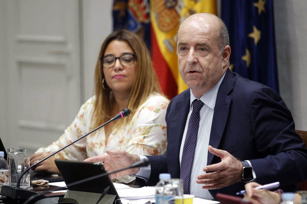 El consejero de Economía del Gobierno de Canarias, Pedro Ortega, durante su comparecencia hoy en comisión parlamentaria.