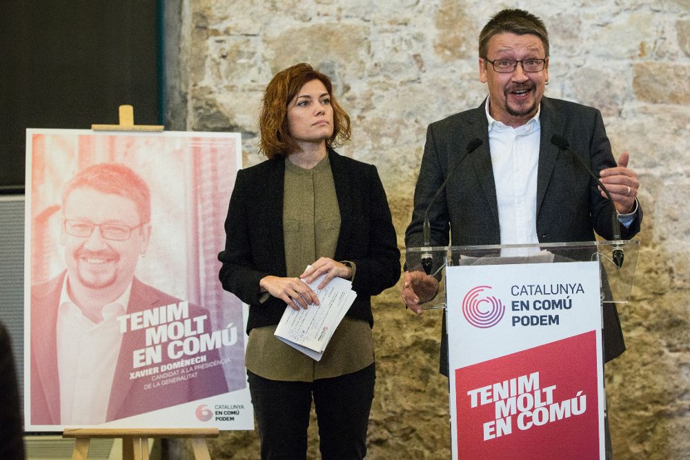El cabeza de lista de Catalunya en Comu-Podem, Xavier Domenech, y la numero 2 de la lista, Elisenda Alamany, han presentado hoy en Barcelona el lema y el cartel de la coalicion y la candidatura.
