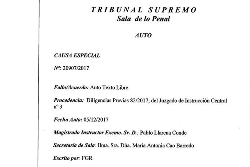 Cabecera del auto dictado hoy por el juez del Tribunal Supremo Pablo Llarena.