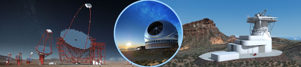 Ilustraciones artísticas mostrando el diseño de la Red de Telescopios Cherenkov (CTA; izquierda), el Telescopio de Treinta Metros (TMT; centro) y el Telescopio Solar Europeo (EST; derecha). TMT Gabriel Pérez, Instituto de Astrofísica de Canarias montaje: Adriana de Lorenzo-Cáceres Rodríguez