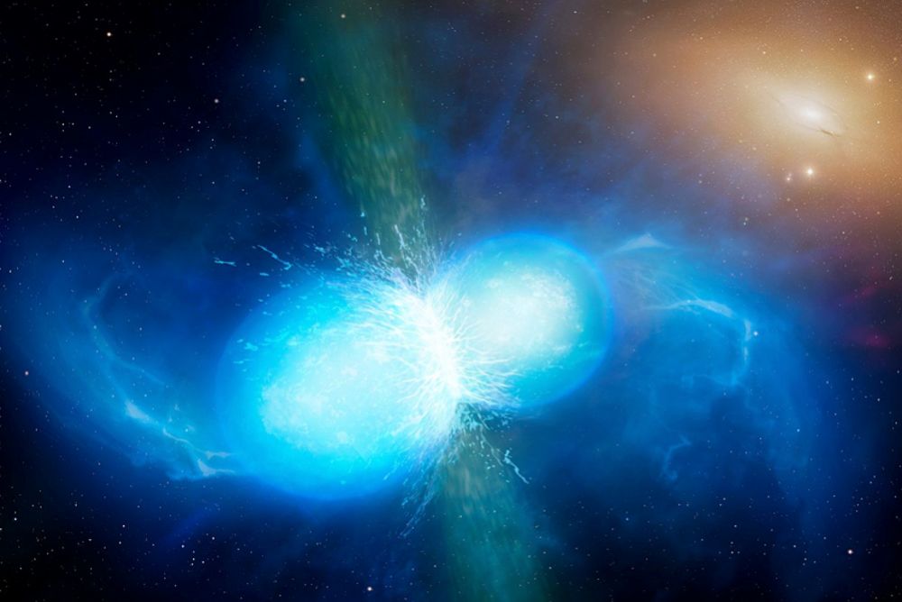 Impresión artística de la fusión de dos estrellas de neutrones, origen de una kilonova. ESOUniversidad de WarwickMark Garlick. 