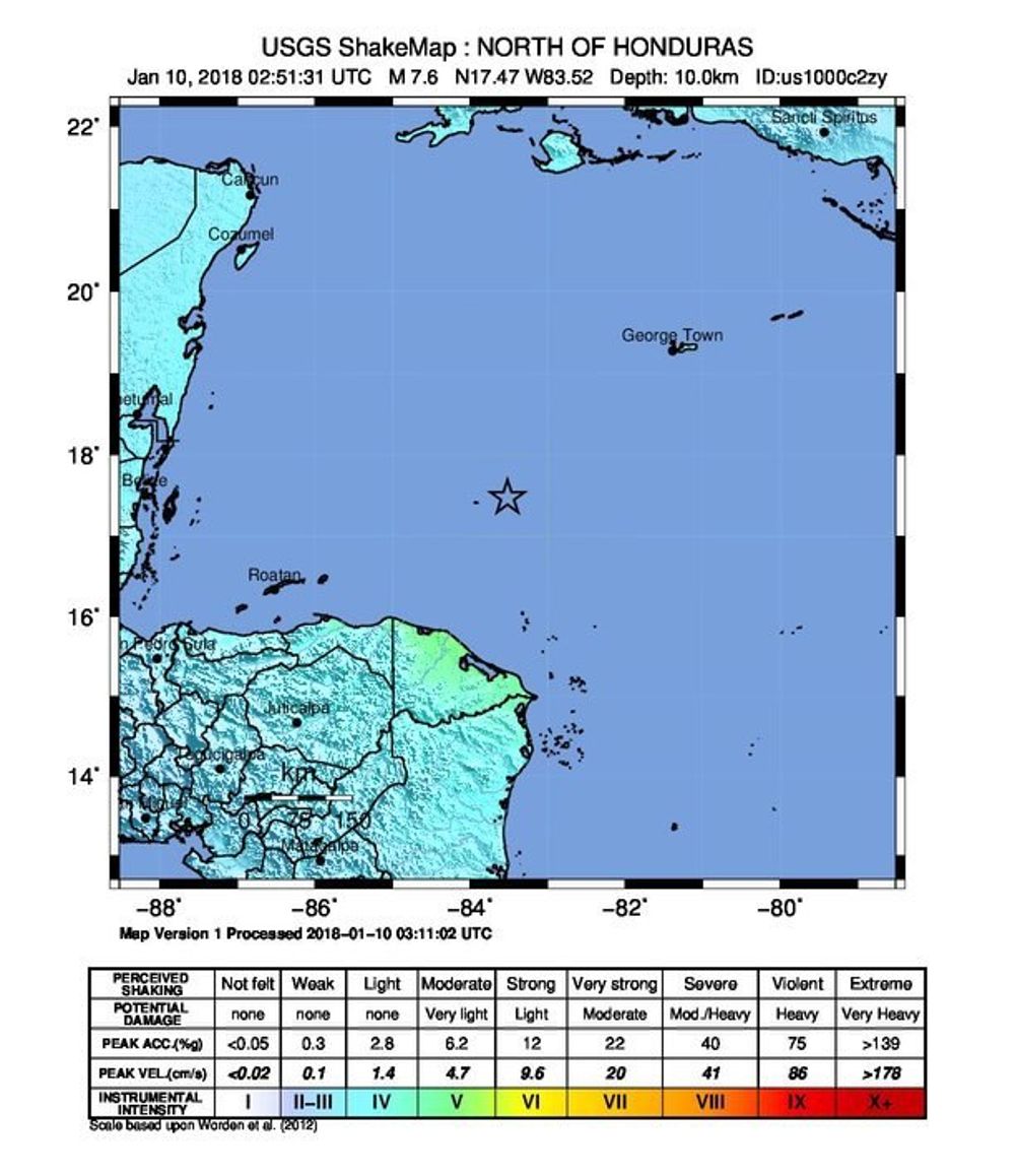 Mapa de movimientos telúricos que muestra el epicentro (marcado con una estrella) del terremoto.