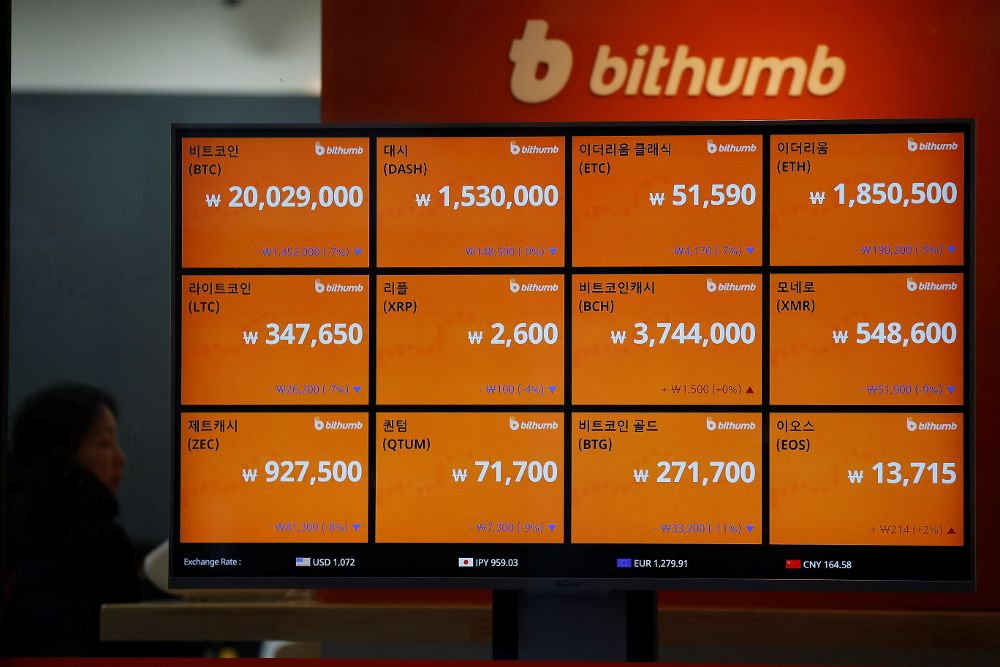 Un monitor muestra los valores de diferentes criptomonedas en una oficina de la casa de cambio de criptomonedas Bithumb en Seúl.