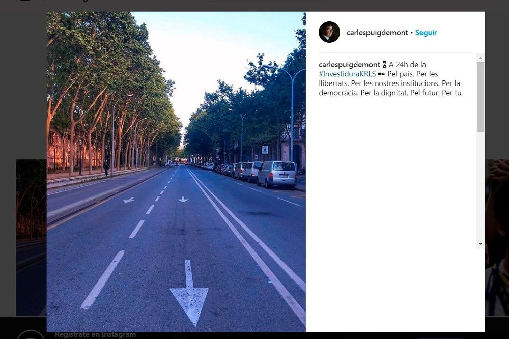 Captura de pantalla de la cuenta de Instagram de Puigdemont en la que se ve una calle de Barcelona cercana al Parlament, donde está convocado para mañana un pleno en el que los independentistas quieren investirlo president.