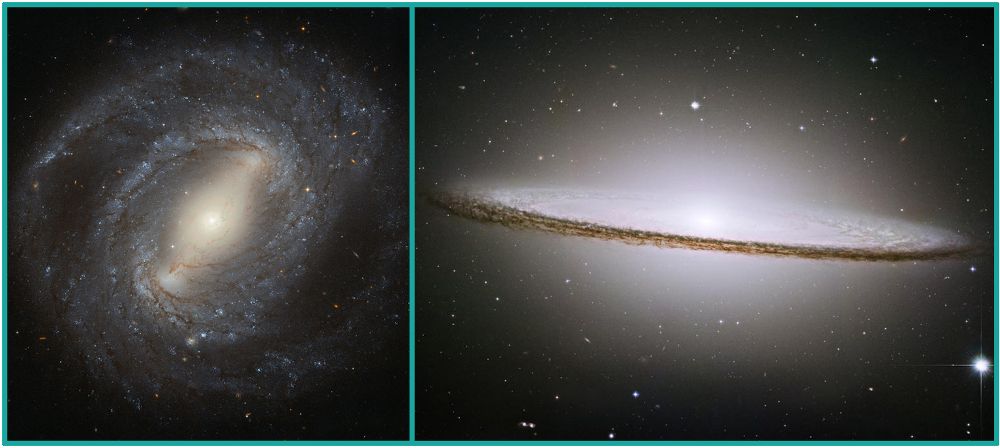 IMAGEN: Dos galaxias con disco y un bulbo de estrellas en su centro. Izquierda: NGC4394 vista de cara. La componente redonda y brillante central es el bulbo. Crédito: ESAHubble y NASA, Judy Schmidt. Derecha: galaxia del Sombrero vista de perfil. Esta galaxia tiene un bulbo muy extendido y más difuso de lo habitual. Crédito: NASAHubble Heritage Team.