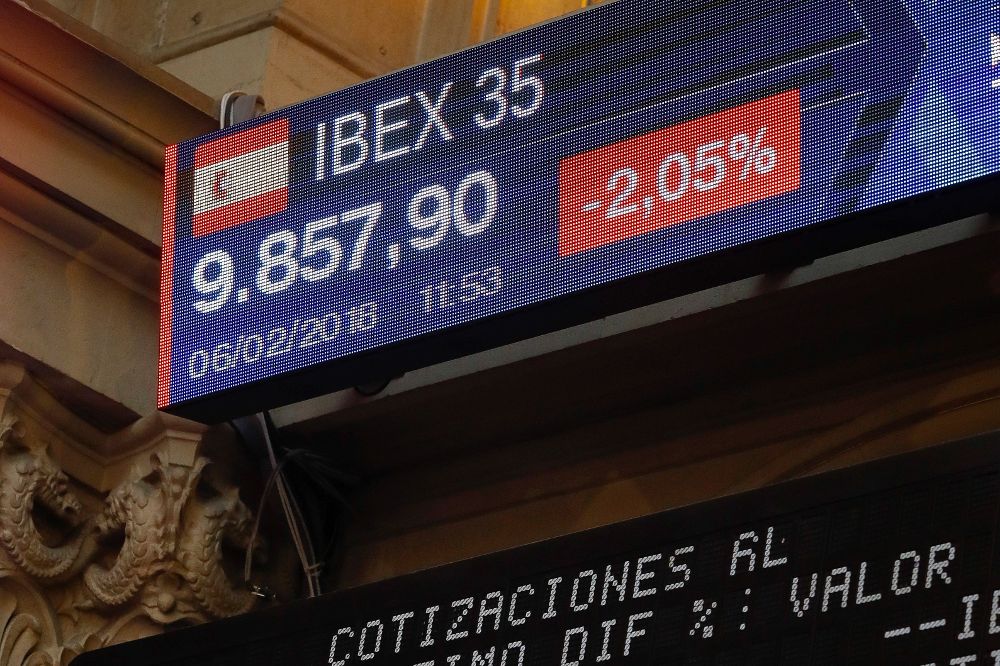 El IBEX 35, principal indicador de la Bolsa española, se sitúa a la cabeza de las caídas en Europa y a mediodía retrocedía un 2,05 %.