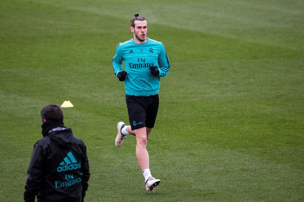 El delantero galés del Real Madrid Gareth Bale durante el entrenamiento realizado esta mañana.
