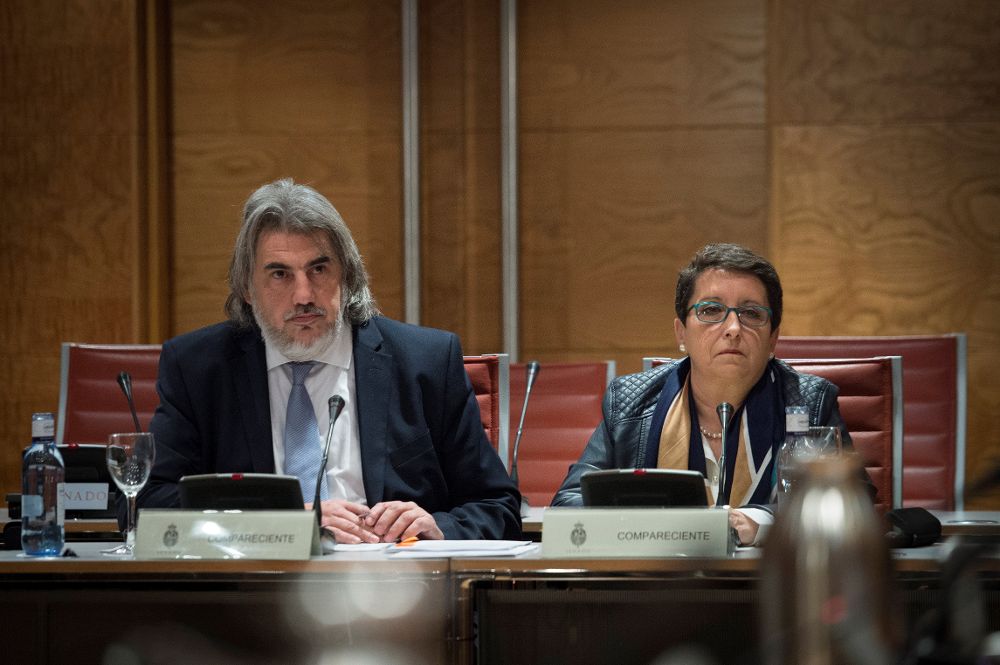 La presidenta de la Plataforma por las Garantías Ciudadanas, Inmaculada Sánchez Ruiz, y el abogado de la entidad, Alberto Ganga, comparecen ante la Comisión de Investigación de la Financiación de los Partidos Políticos del Senado.