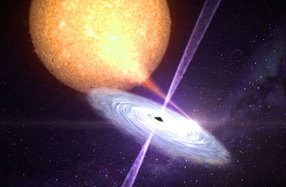 Impresión artística de una binaria de rayos-X. Vemos cómo un agujero negro se alimenta, por medio de un disco de acreción, del material que ha despojado de la estrella que le acompaña, y cómo parte de ese material es expulsado aceleradamente en forma de chorros a través de sus polos.