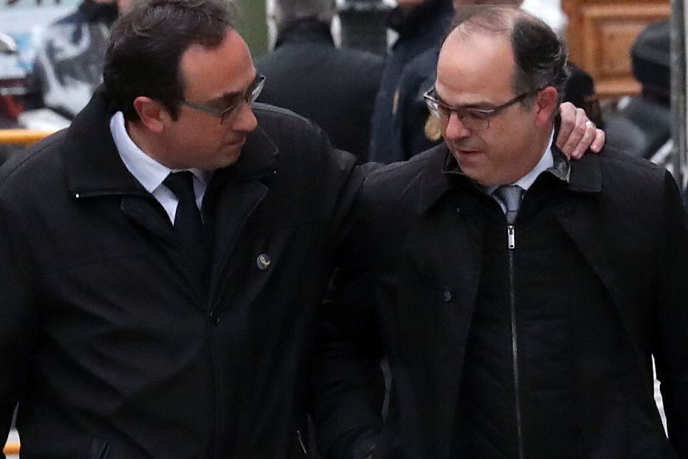 El candidato de Junts per Cataluña (JxCat) a la presidencia de la Generalitat, Jordi Turull (d), y el diputado de JxCat Josep Rull a su llegada al Tribunal Supremo.