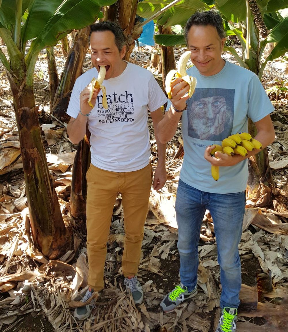 Los gemelos Torres disfrutando de los plátanos sobre el terreno.