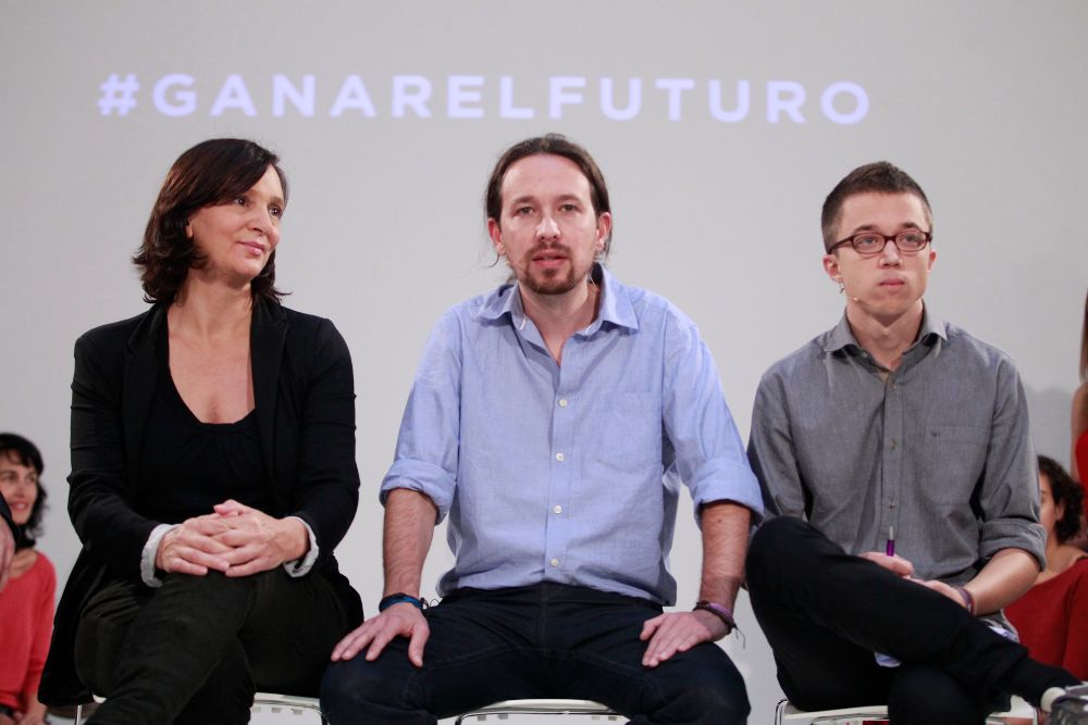 Carolina Bescansa, Pablo Iglesias e Íñigo Errejón en la presentación de la campaña de Podemos.