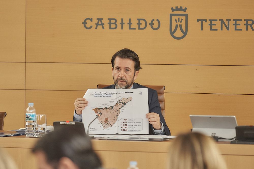 El presidente del Cabildo de Tenerife, Carlos Alonso, explicando las ventajas del bono de transporte mensual.