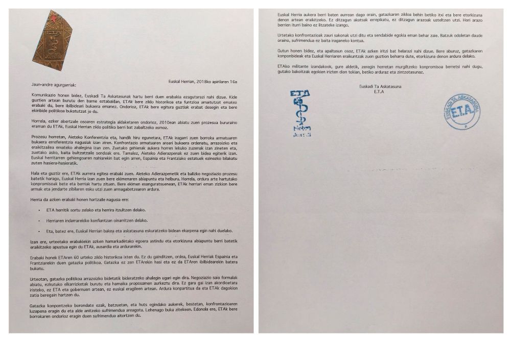 Fotografias de la carta fechada el 16 de abril con la que la organización terrorista ETA ha anunciado hoy que ha disuelto "completamente todas sus estructuras". 