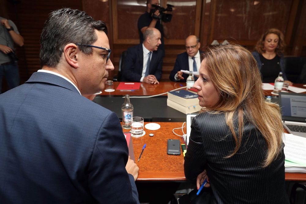 El vicepresidente del Gobierno de Canarias, Pablo Rodríguez (i), y la consejera de Hacienda, Rosa Dávila.