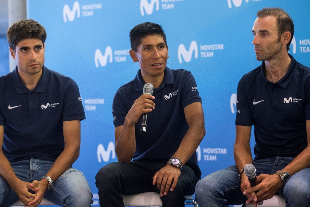 Mikel Landa, Nairo Quintana y Alejandro Valverde (i a d).