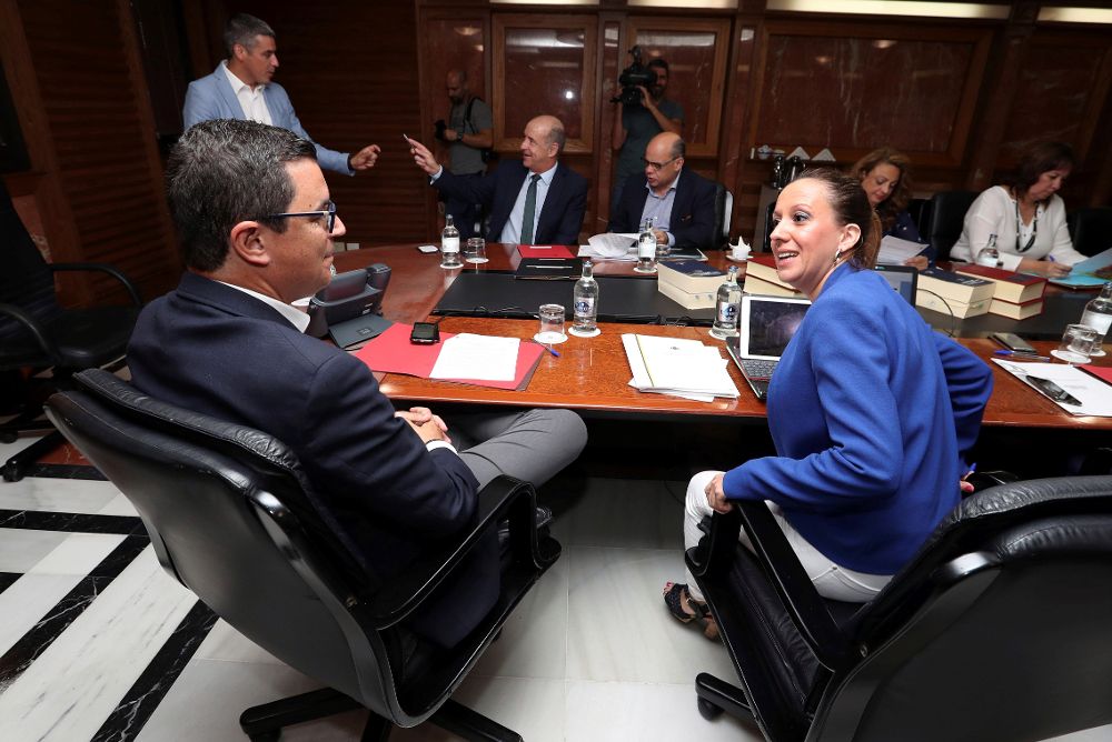 El vicepresidente del Gobierno de Canarias, Pablo Rodríguez (i), y la consejera de Hacienda, Rosa Dávila, conversan durante la reunión del consejo de gobierno.