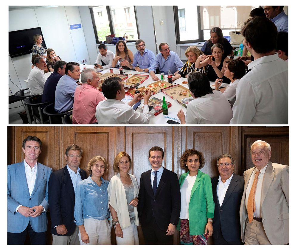 Soraya Sáenz de Santamaría (arriba) y Pablo Casado (abajo), ayer, en los encuentros que los dos candidatos a liderar el PP mantuvieron en Madrid, junto a los dirigentes y exdirigentes del partido que avalan cada candidatura. 