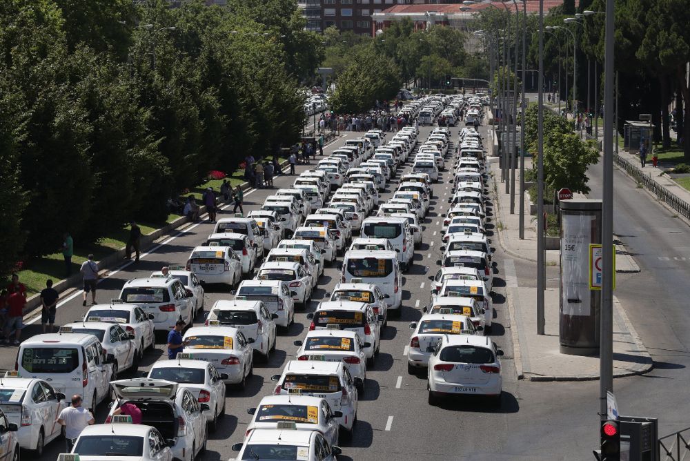 Un grupo de taxis permanecen concentrados en la Castellana de Madrid a su paso por el Ministerio de Fomento. 