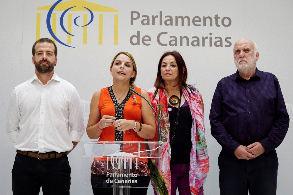Diputados del grupo parlamentario Podemos en la Cámara canaria. A la derecha, Manuel Marrero.