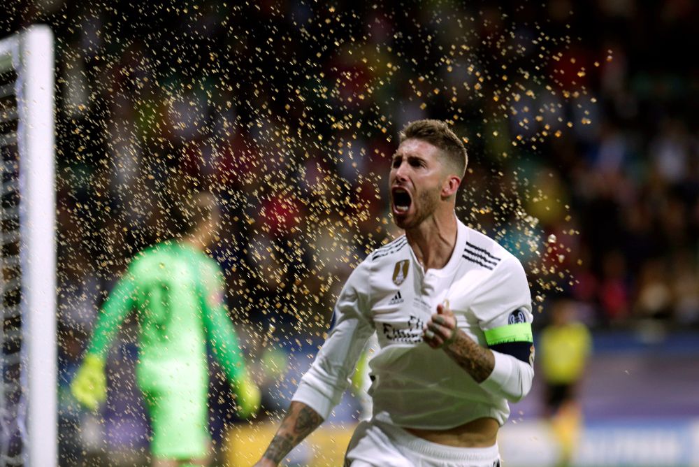 Sergio Ramos celebra su gol, durante la Supercopa de Europa que Real Madrid y Atlético de Madrid.