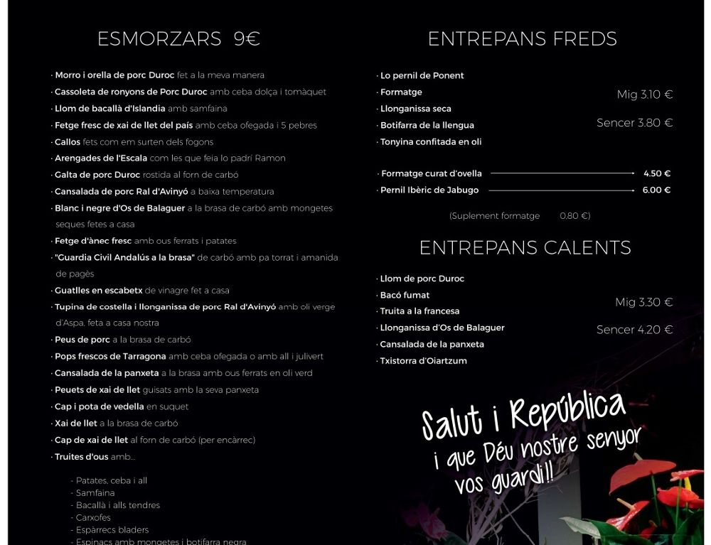 Carta del restaurante donde se puede leer plato de 'Guardia Civil andaluz a la brasa'.