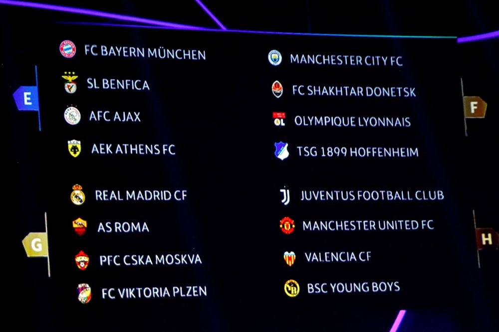 Una pantalla muestra los equipos tras el sorteo de la fase de grupos de la Liga de Campeones de la UEFA.