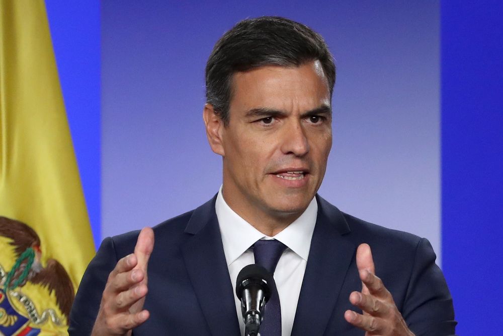 El presidente del Gobierno español, Pedro Sánchez, durante la rueda de prensa tras su reunión con el presidente de Colombia.
