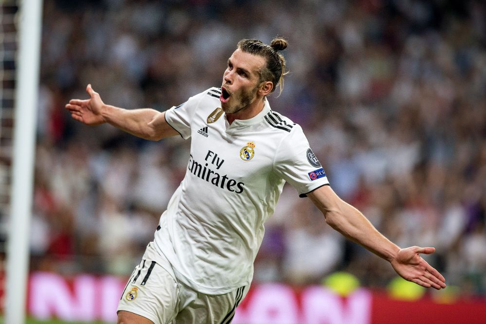 El delantero galés del Real Madrid Gareth Bale celebra el segundo gol ante la Roma.