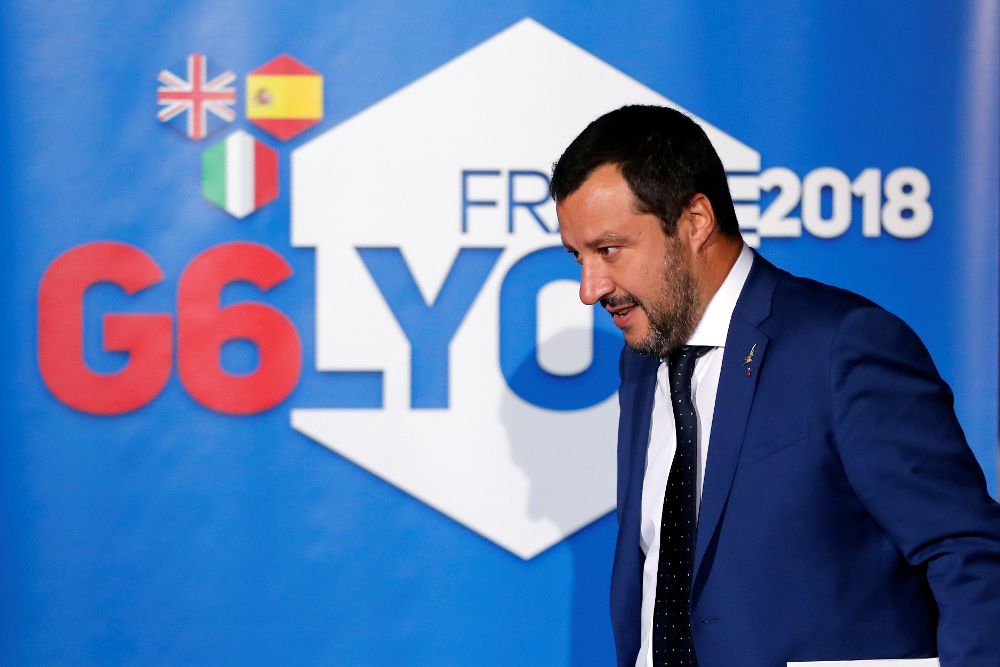 El ministro del Interior italiano, Matteo Salvini, a su llegada a la reunión de ministros del Interior del G6 (Francia, España, Alemania, Italia, Reino Unido y Polonia), de responsables de la Comisión Europea y de Estados Unidos para hablar de inmigración y terrorismo.