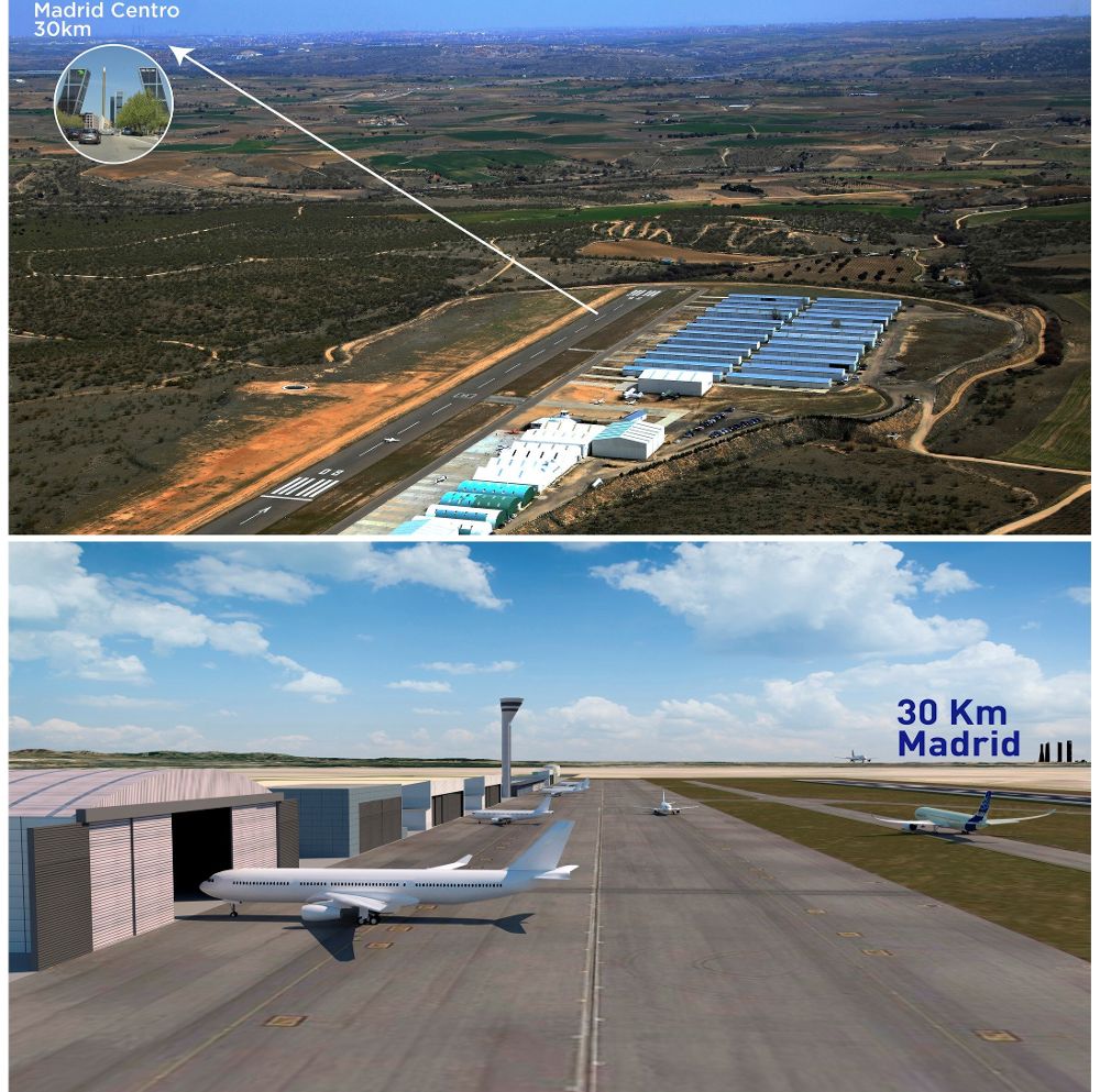 Imágenes facilitadas por la empresa Air City Madrid Sur de cómo sería la pista del nuevo aeropuerto y el lugar concreto donde se ubicaría.