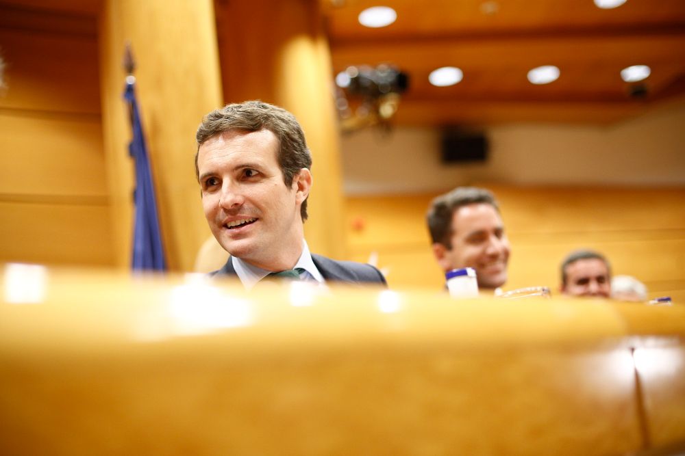 El presidente del PP, Pablo Casado, preside la reunión del grupo "popular" en el Senado.
