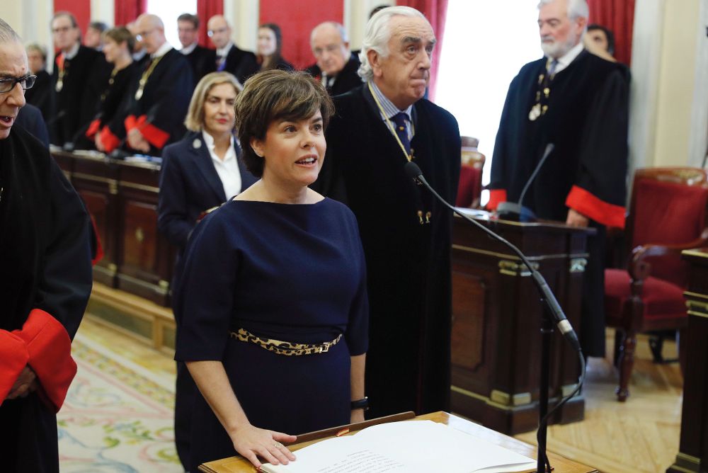 La exvicepresidenta del Gobierno Soraya Saénz de Santamaría durante su toma de posesión como miembro del Consejo de Estado.
