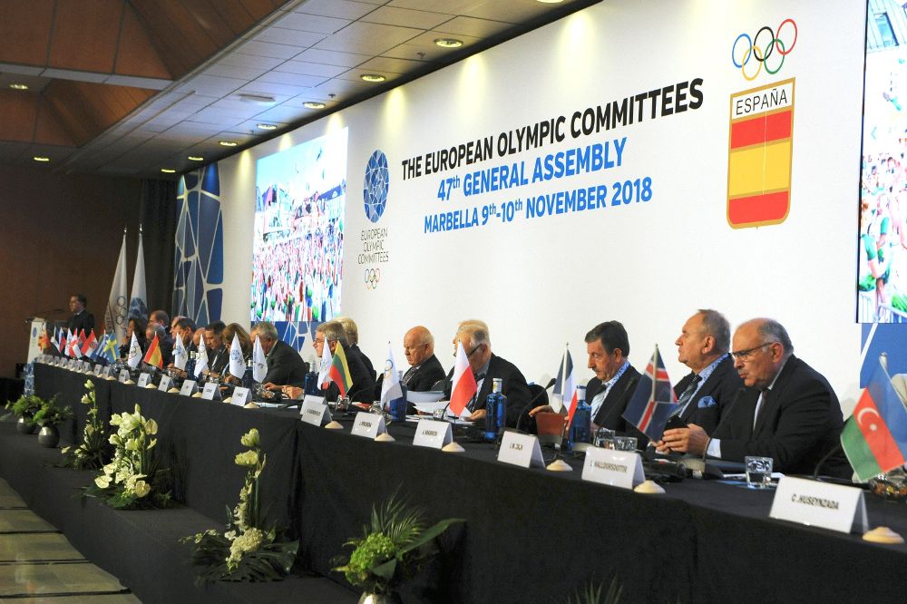 Vista general de la 47 asamblea general de representantes de los 50 Comités Olímpicos Europeos en la que se aborda el futuro del olimpismo, en Marbella (Málaga).