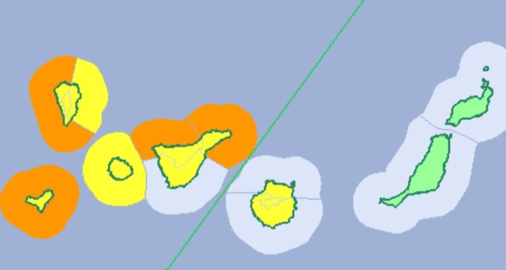 Avisos naranja y amarillo por olas, viento y lluvia en las zonas señaladas en el mapa.