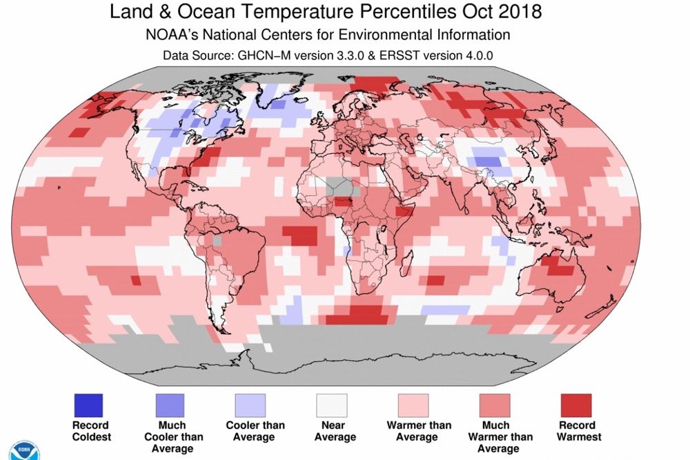 Mapa de temperaturas de octubre de 2018 con las desviaciones de las temperaturas sobre la media de la zona.