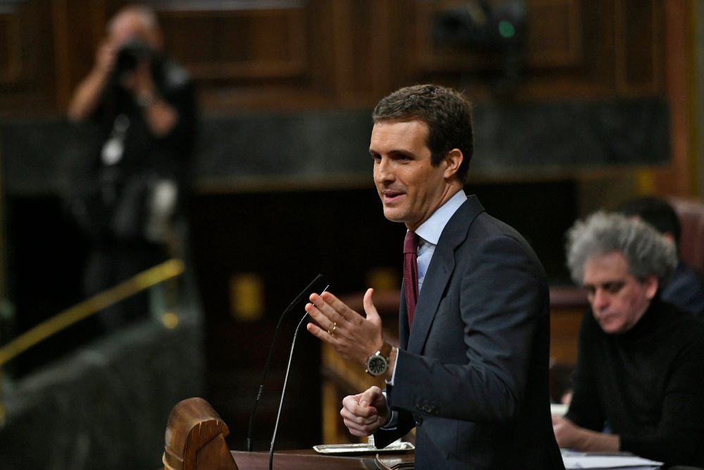 El presidente del Partido Popular, Pablo Casado, interviene en el Congreso de los Diputados.