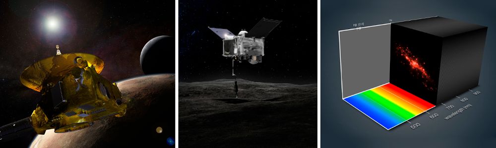 De izquierda a derecha: ilustración artística del satélite New Horizons en su llegada a Ultima Thule; imagen simulada de la sonda Osiris-Rex recogiendo muestras en el asteroide Bennu; esquema de la galaxia NGC4650A observada a través de un instrumento de espectroscopía de campo integral. Créditos: NASA, ESOMUSE consortiumR. BaconL. Calçada.