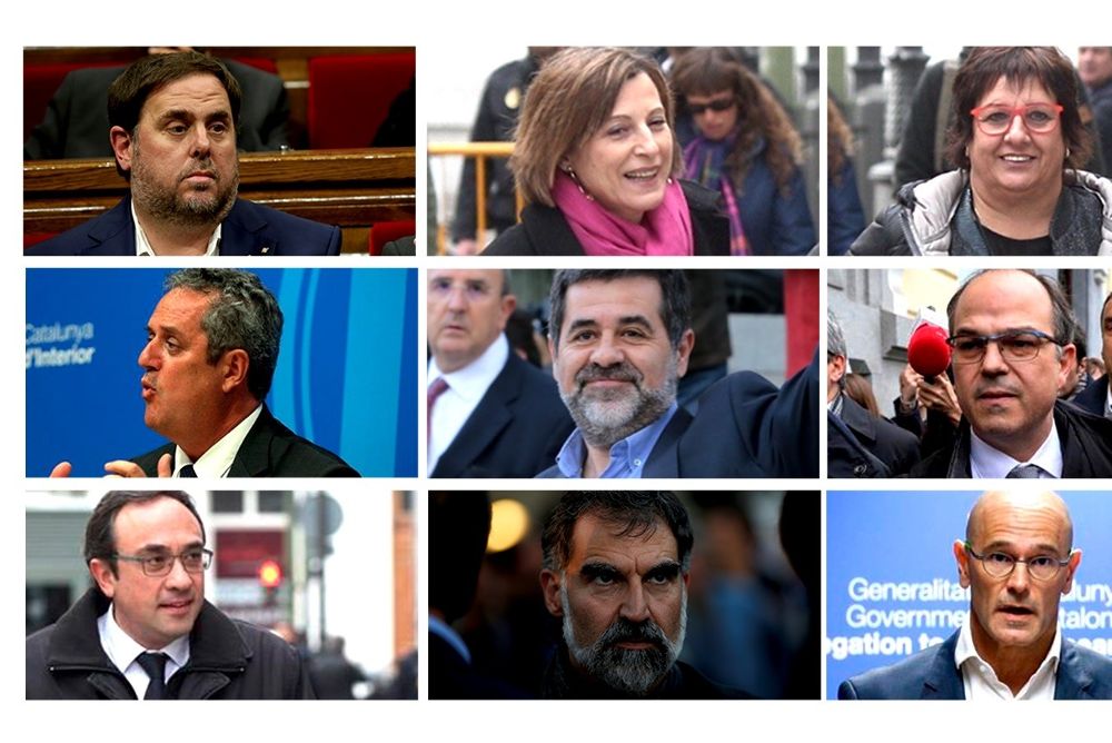 Montaje fotográfico de los políticos presos independentistas: Oriol Junqueras, Carme Forcadell, Dolors Bassa, Joaquim Forn, Jordi Sánchez, Jordi Turull, Josep Rull, Jordi Cuixart y Raül Romeva (de izquierda a derecha y de arriba abajo.