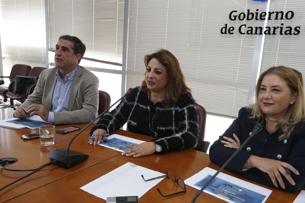 La consejera de Empleo, Políticas Sociales y Vivienda del Gobierno de Canarias, Cristina Valido (c), presentó este martes en rueda de prensa el balance de la gestión de su departamento en materia de vivienda.